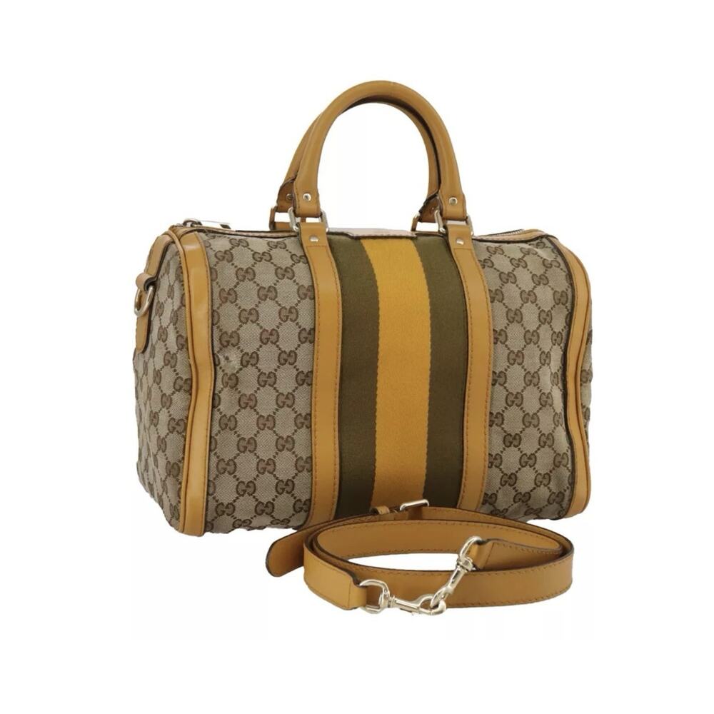 GUCCI GG Canvas Sherry Line Hand Bag 2way Beige Gold Brown